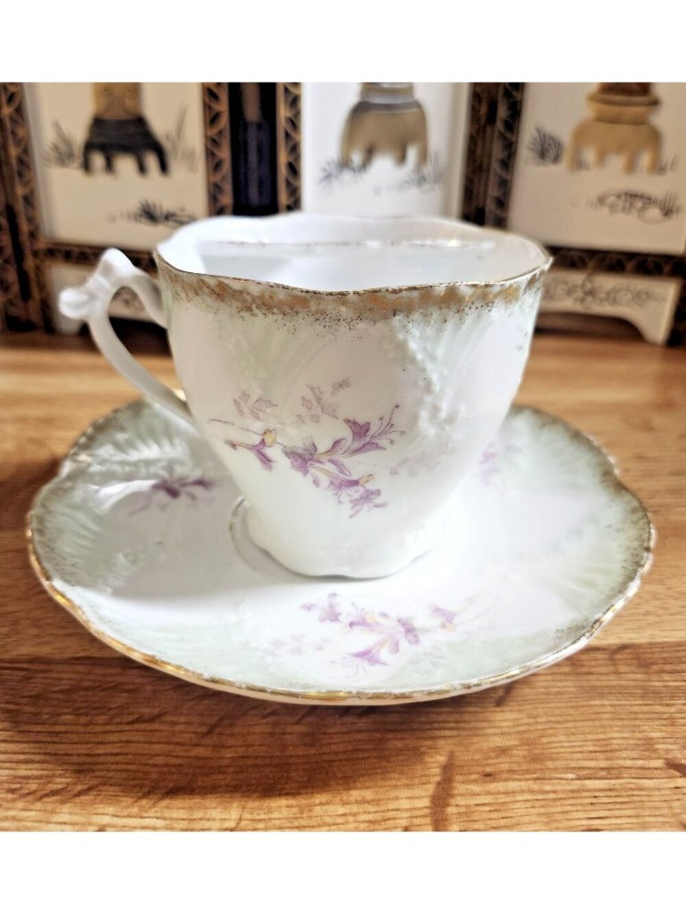 Victorian Mustache Tea Cup & Saucer Set Weimar Bone China Porcelain Germany VTG